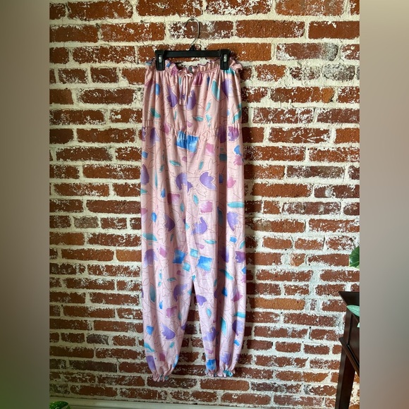 Vintage 80s lightweight strapless pink abstract floral jumpsuit - Picture 8 of 10